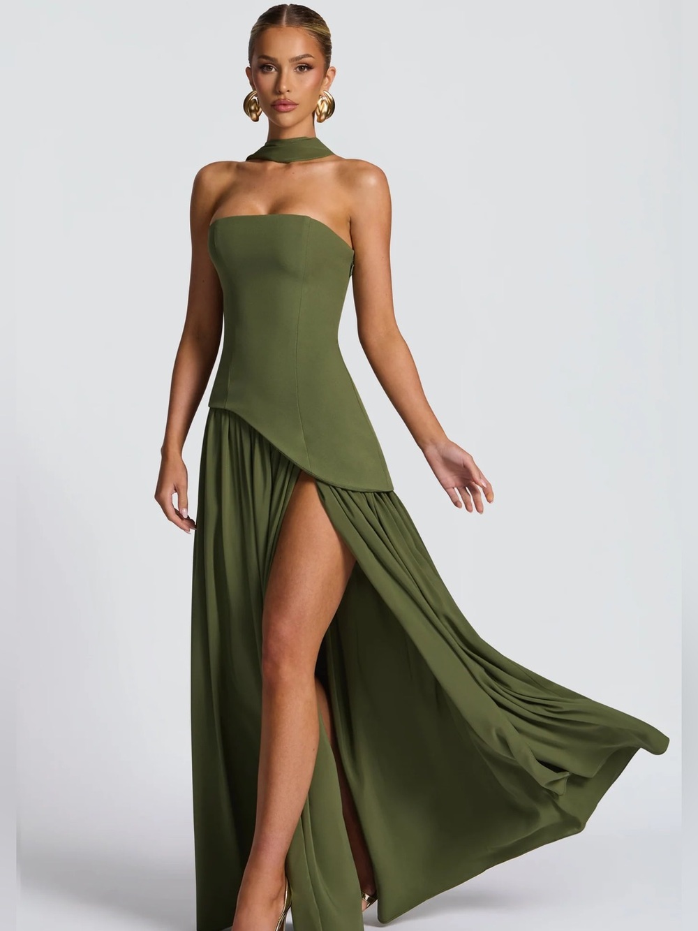 Olive Green Strapless High-Slit Gown
